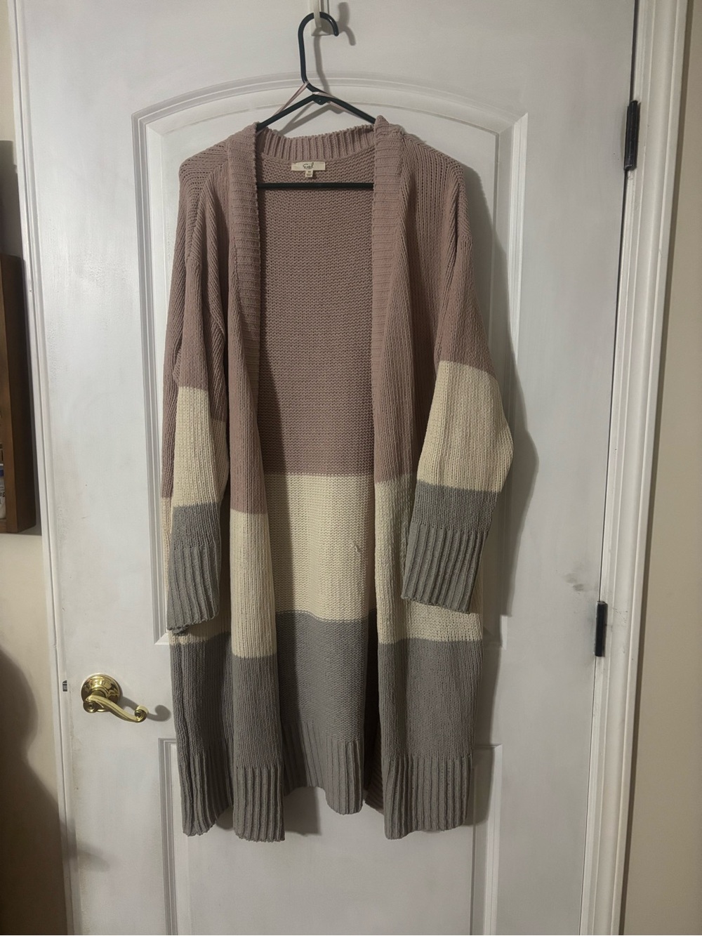 Open-Front Colorblock Long Cardigan in Dusty Pink, Cream & Gray